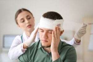 In a clinic, a doctor carefully applies a bandage to the head of a young man, tending to his injury with precision and care.