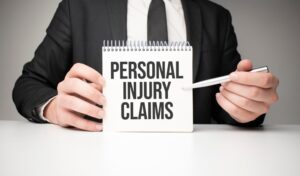 Man writing in a notebook with a silver pen while holding a card that reads 'Personal Injury Claims,' against a grey background, symbolizing business and legal concepts.