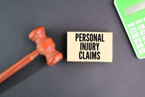 Judge's gavel, calculator, and a document labeled 'Personal Injury Claims,' symbolizing legal and financial aspects of injury cases