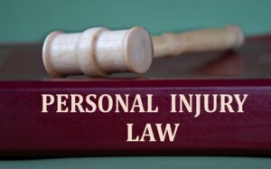 Burgundy folder labeled 'Personal Injury Law' placed beside a judge's gavel, representing legal matters in injury cases.